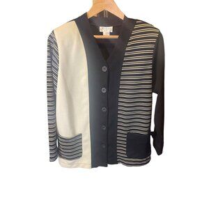 Adolfo Black Cream Color Block Button Front V Neck Long Jacket Sz M